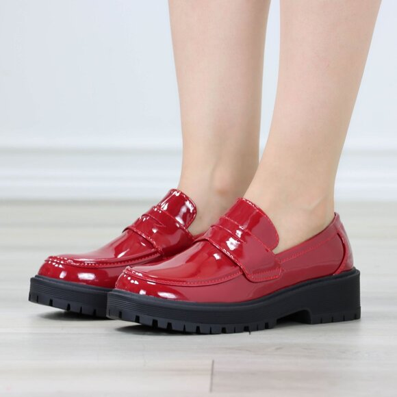 Womens Chunky Penny Loafer Lug Sole Slip On Platform Red Patent - Picture 7 of 16